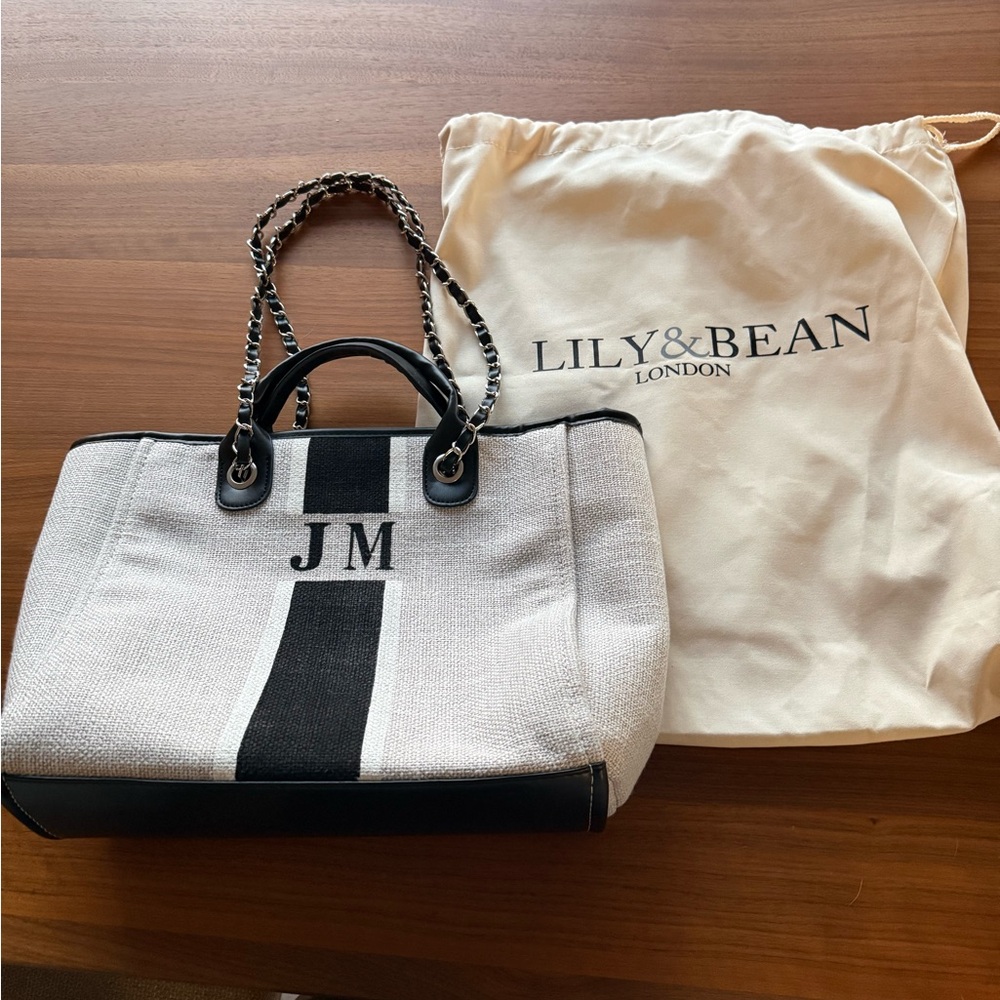 Lily & Bean Cream and Black Canvas Tote Bag with Monogram